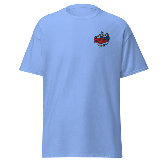 Embroidered silhouette of a woman in a red, white and blue dress with the word ‘Dominicana’ above.