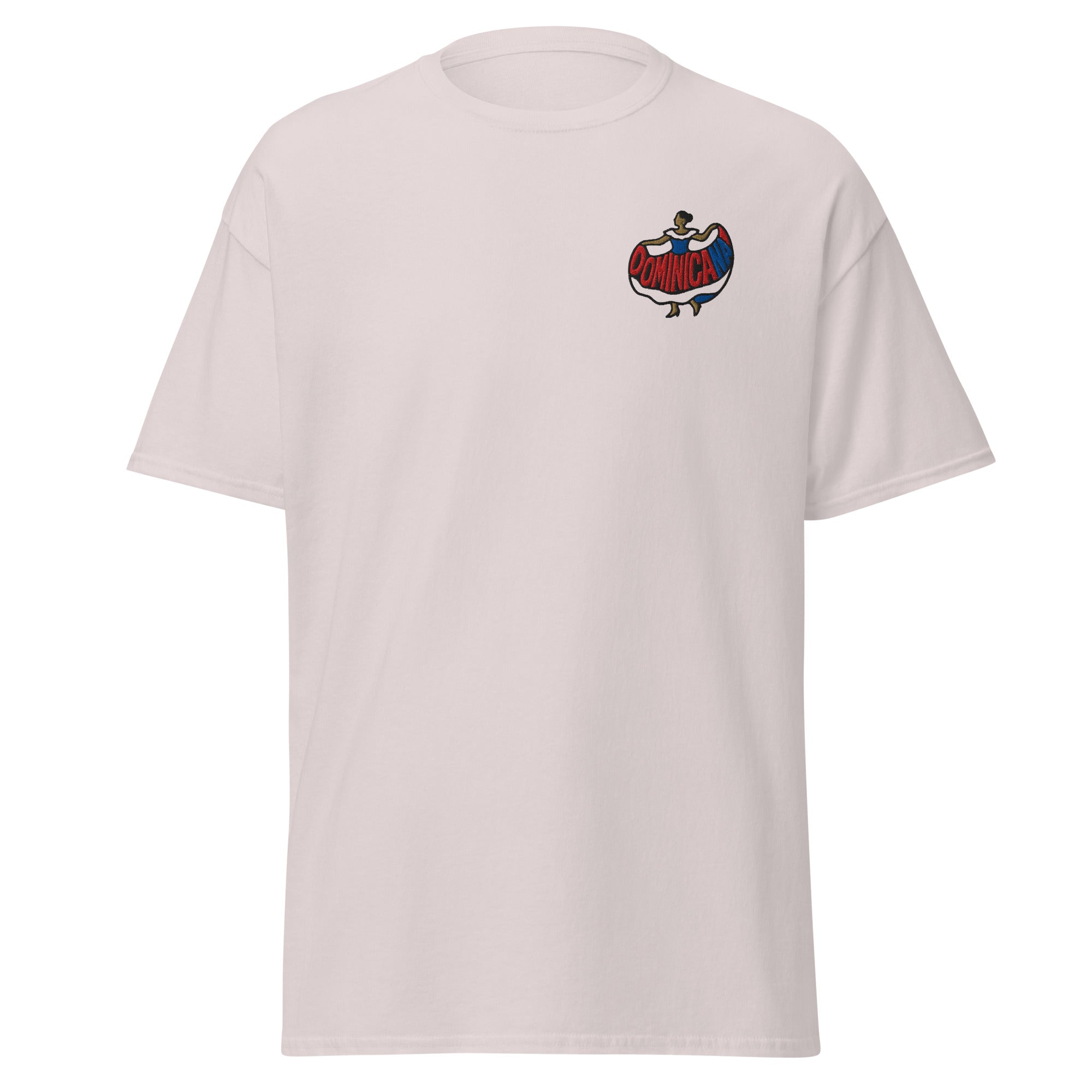 Embroidered silhouette of a woman in a red, white and blue dress with the word ‘Dominicana’ above.