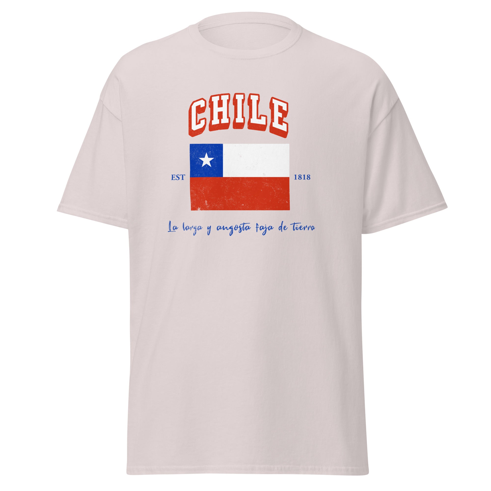 Chile Varsity T-Shirt on light blue shirt  Latin pride apparel.
