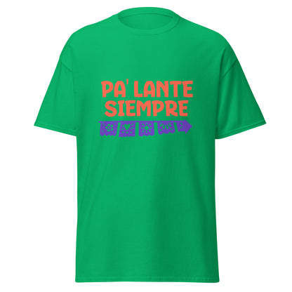 Motivational t-shirt design with "PA' LANTE SIEMPRE" in bold coral letters above a decorative purple papel picado banner featuring traditional Mexican cut-out patterns including flowers, hearts, sun, and geometric designs with scalloped edges