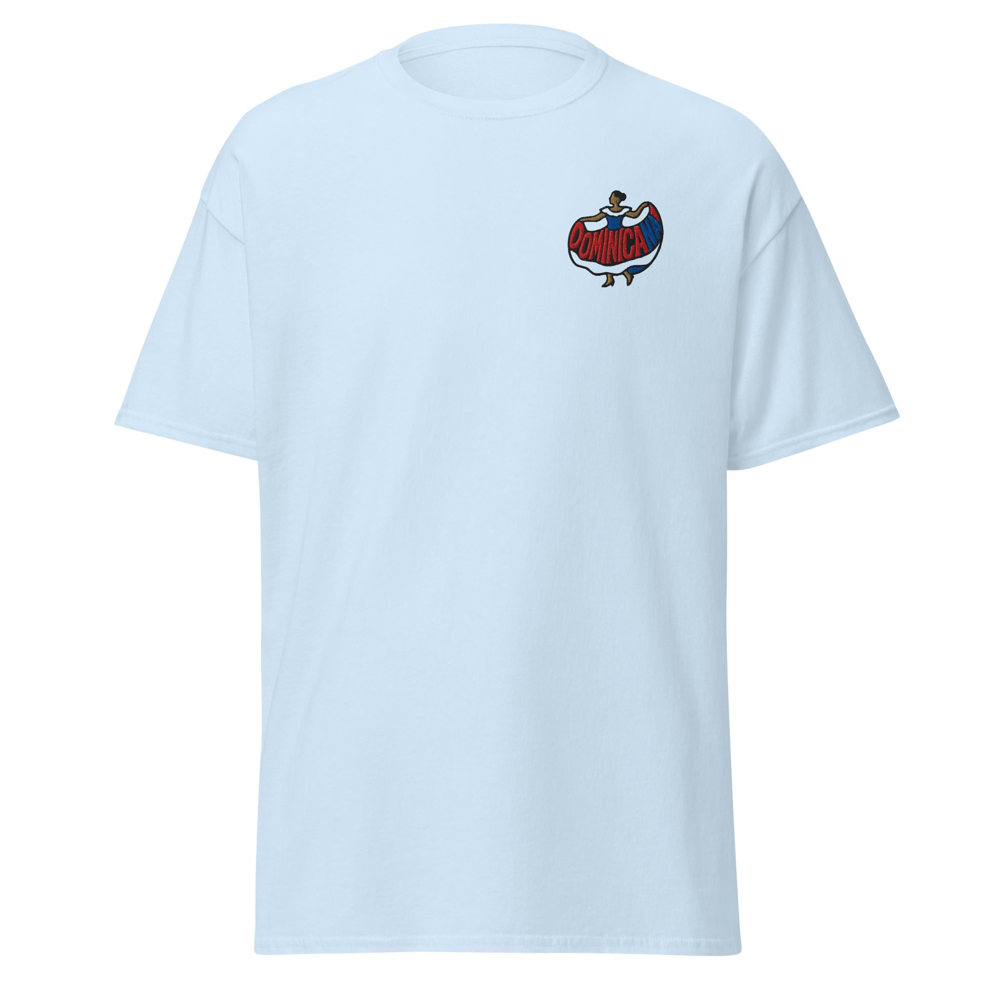 Embroidered silhouette of a woman in a red, white and blue dress with the word ‘Dominicana’ above.