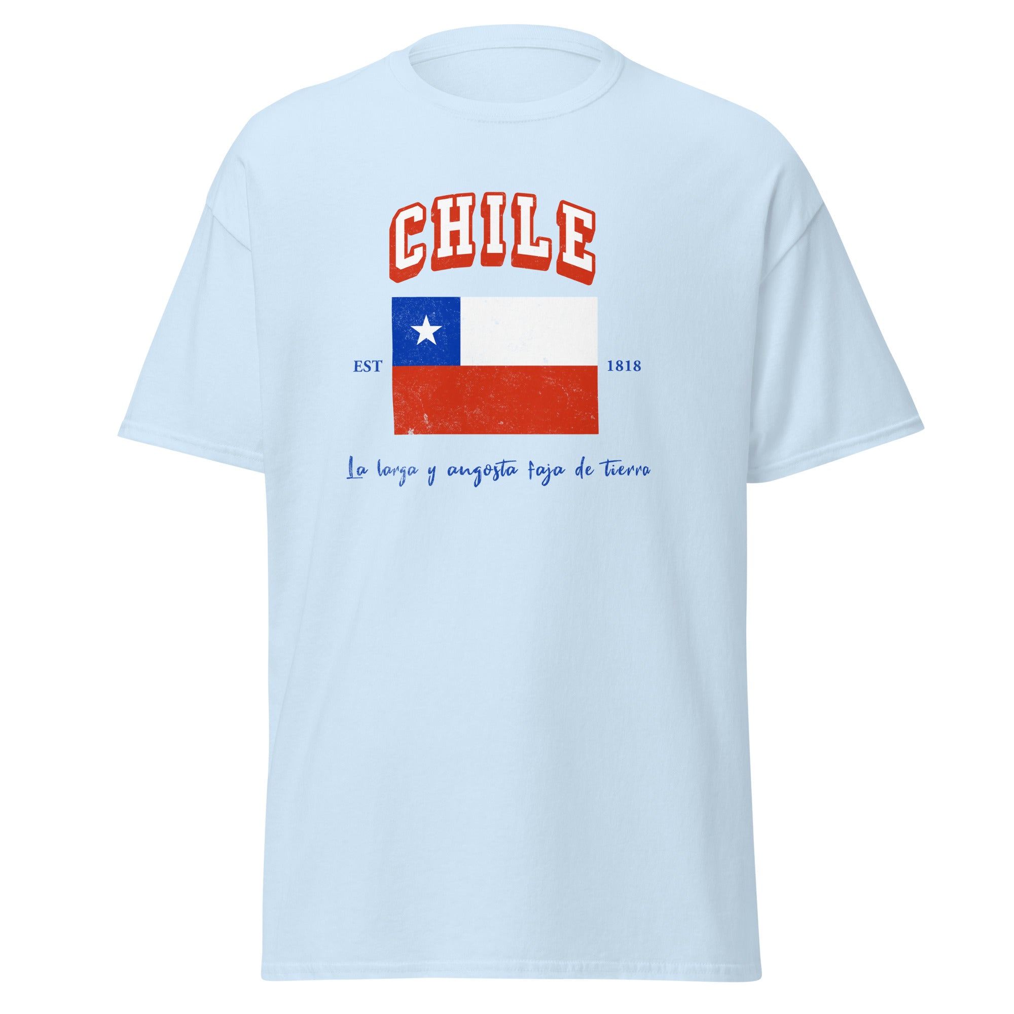 Chile Varsity T-Shirt on light blue shirt  Latin pride apparel.
