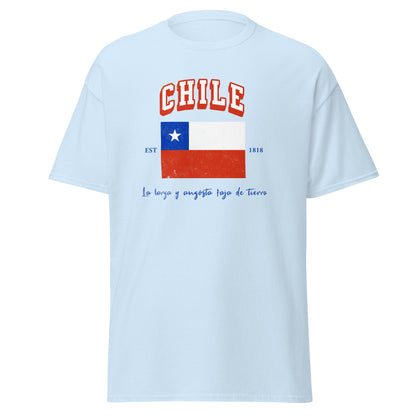 Chile Varsity T-Shirt on light blue shirt  Latin pride apparel.
