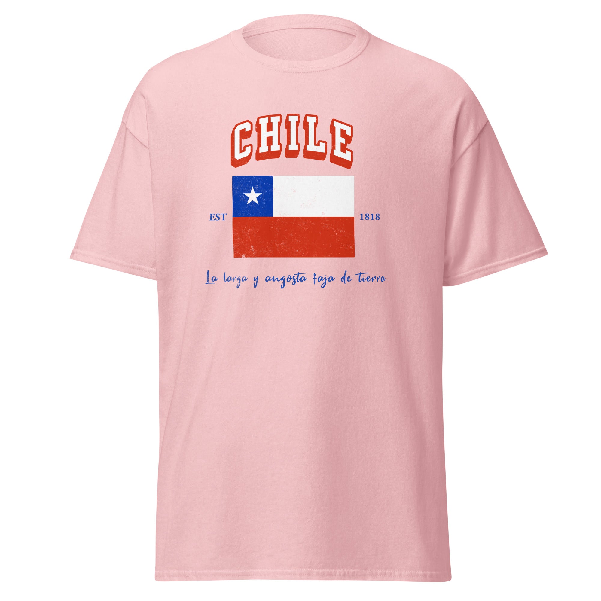Chile Varsity T-Shirt on light blue shirt  Latin pride apparel.
