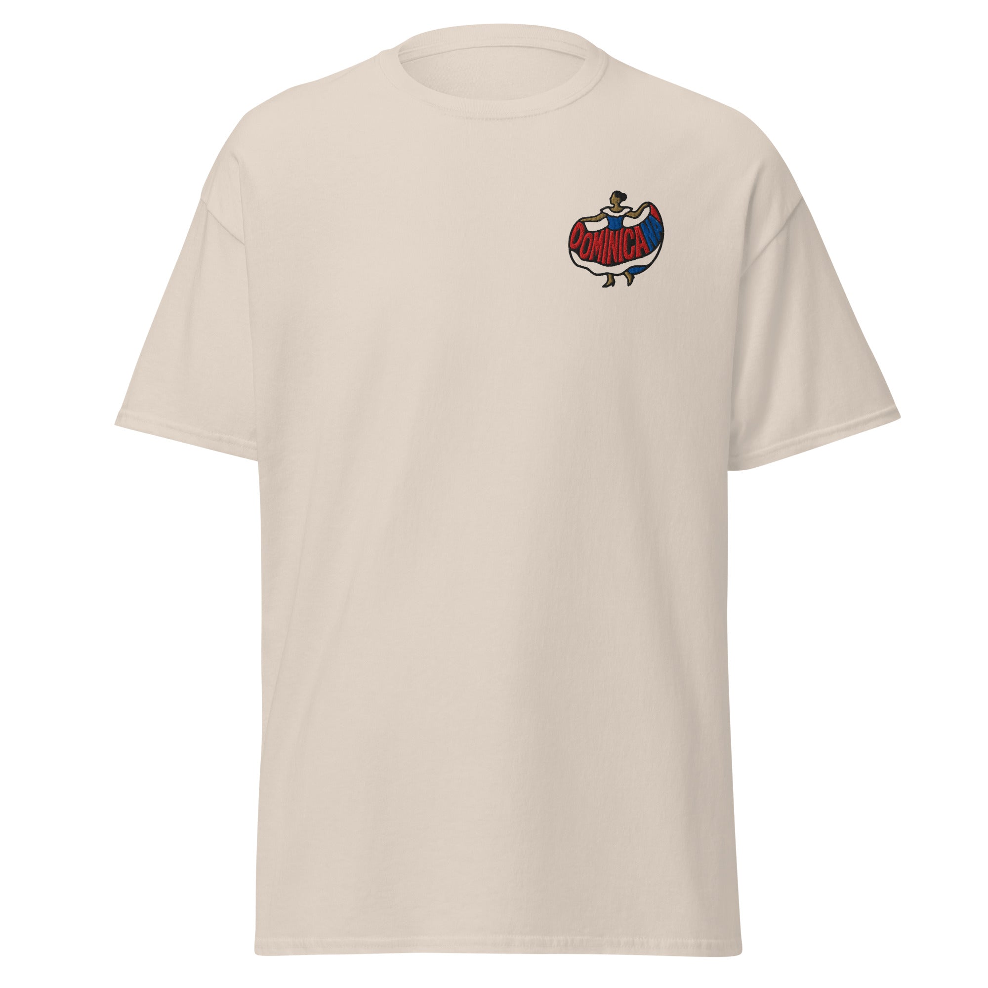 Embroidered silhouette of a woman in a red, white and blue dress with the word ‘Dominicana’ above.