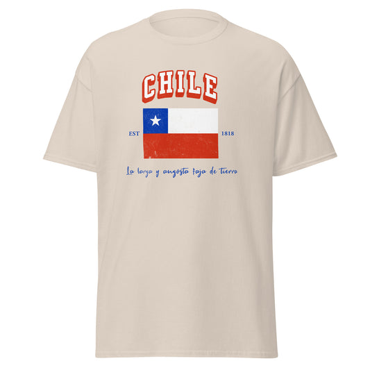 Chile Varsity T-Shirt on light blue shirt  Latin pride apparel.
