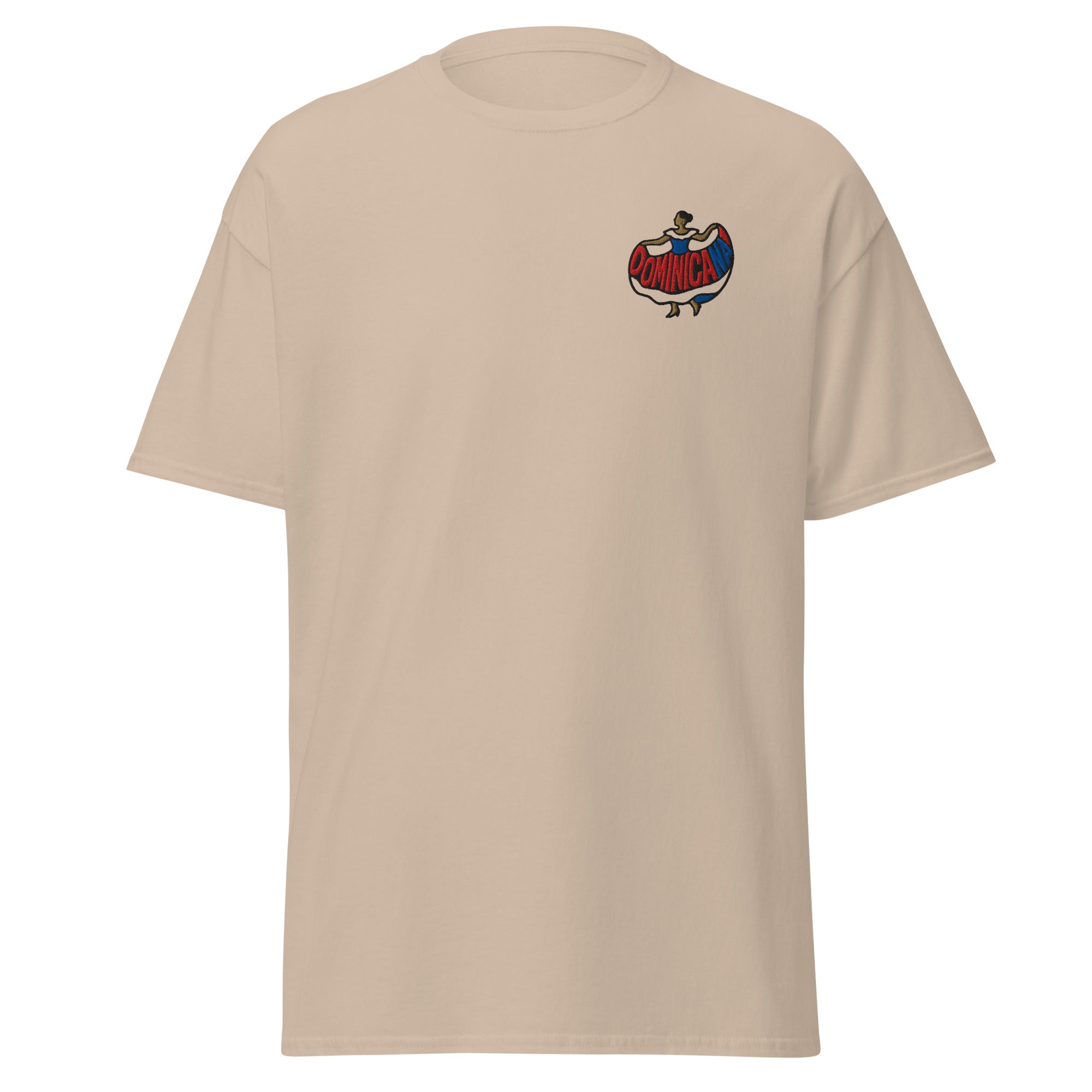 Embroidered silhouette of a woman in a red, white and blue dress with the word ‘Dominicana’ above.