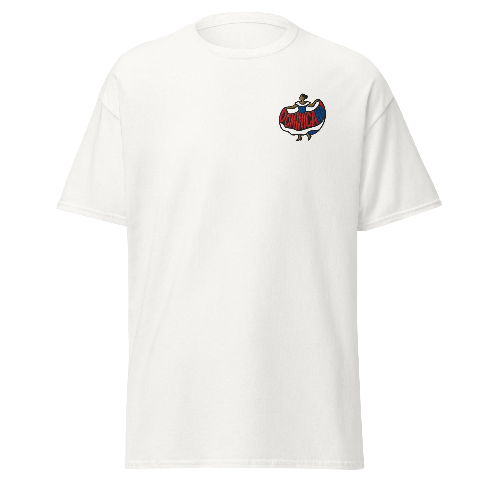 Embroidered silhouette of a woman in a red, white and blue dress with the word ‘Dominicana’ above.