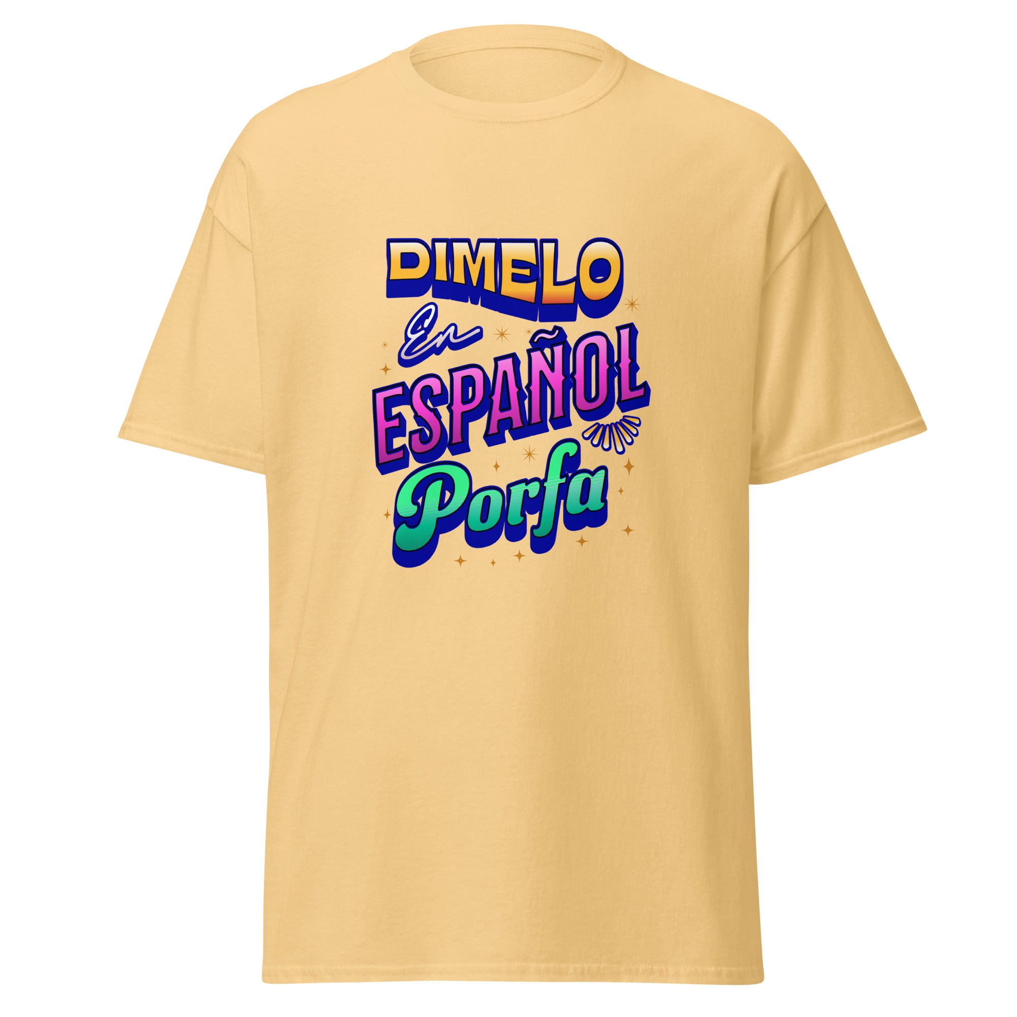 Retro-style t-shirt design featuring "DÍMELO" in orange gradient 3D letters, "En" in white script, "ESPAÑOL" in pink gradient block letters, and "Porfa" in green gradient script, all with navy blue shadows and golden star sparkle effects scattered throughout