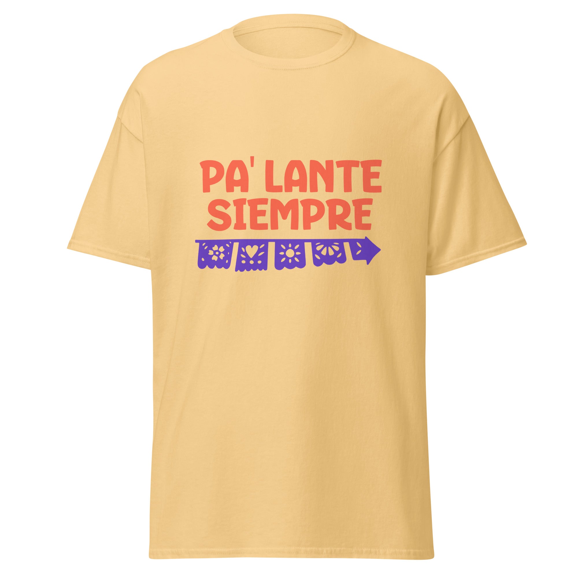 Motivational t-shirt design with "PA' LANTE SIEMPRE" in bold coral letters above a decorative purple papel picado banner featuring traditional Mexican cut-out patterns including flowers, hearts, sun, and geometric designs with scalloped edges