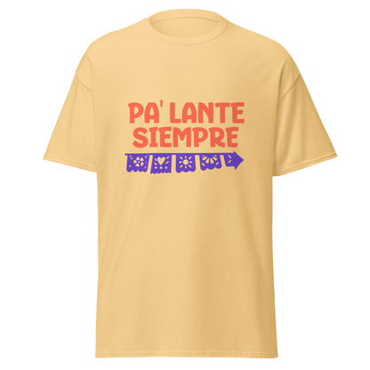 Motivational t-shirt design with "PA' LANTE SIEMPRE" in bold coral letters above a decorative purple papel picado banner featuring traditional Mexican cut-out patterns including flowers, hearts, sun, and geometric designs with scalloped edges