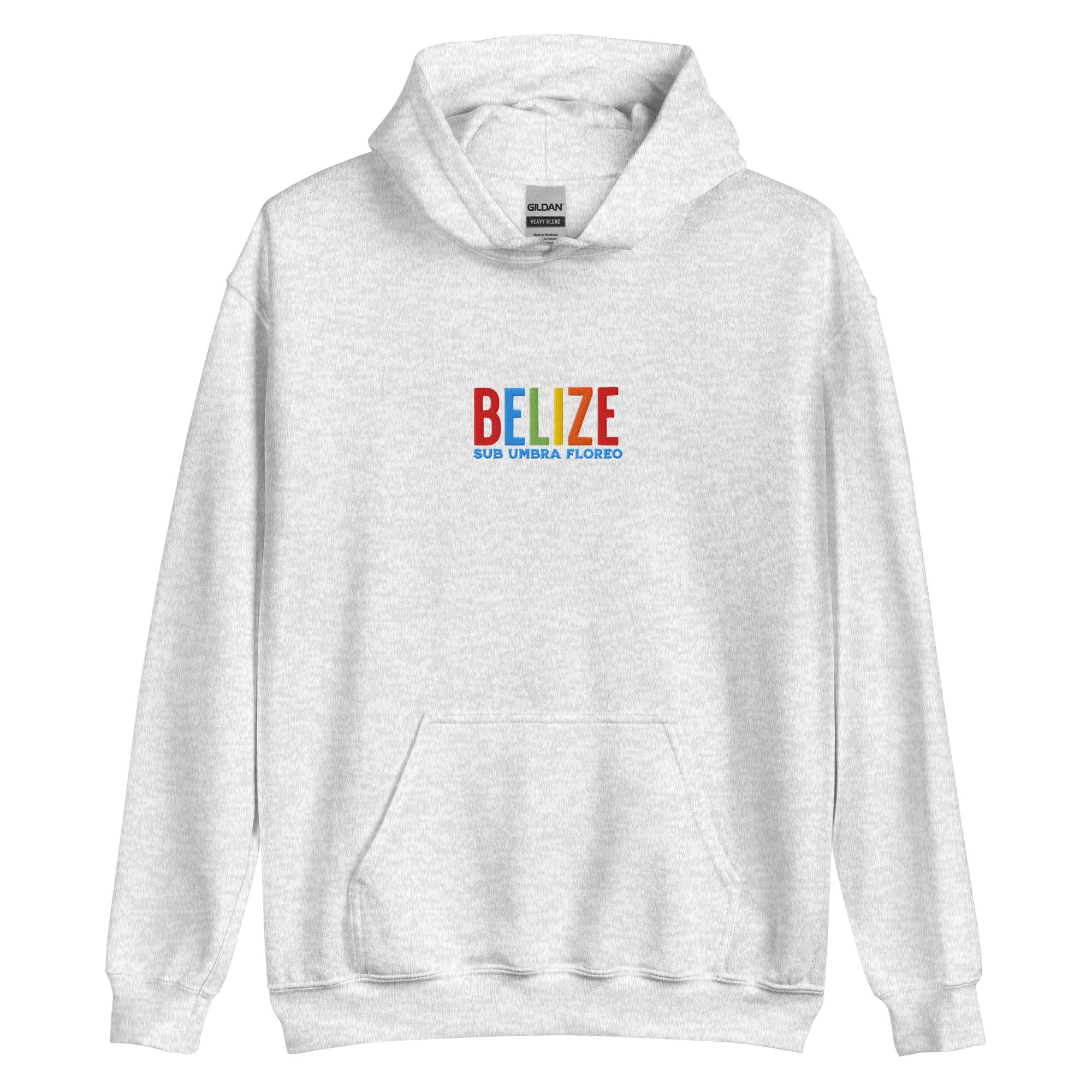 Hoodie bordado con la frase “Sub Umbra Floreo”, inspiración cultural de Belize.