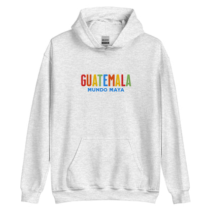 Hoodie bordado con la frase “Mundo Maya”, inspiración cultural de Guatemala.