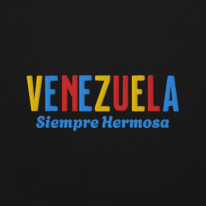 Bordado con la frase “Siempre Hermosa”, inspiración cultural de Venezuela.
