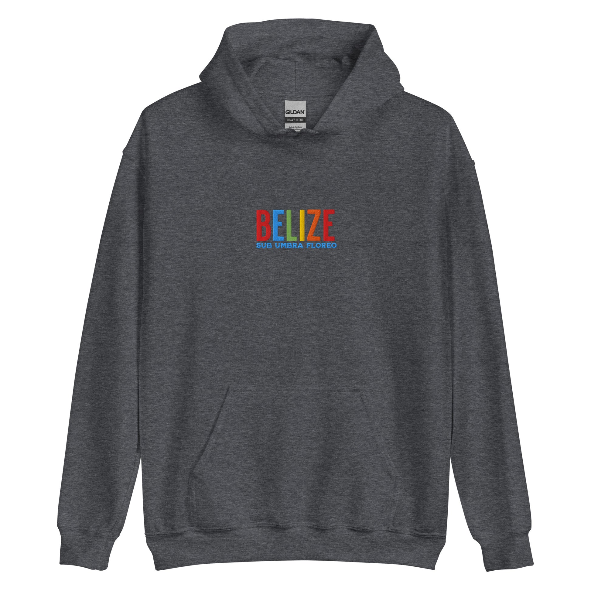 Hoodie bordado con la frase “Sub Umbra Floreo”, inspiración cultural de Belize.