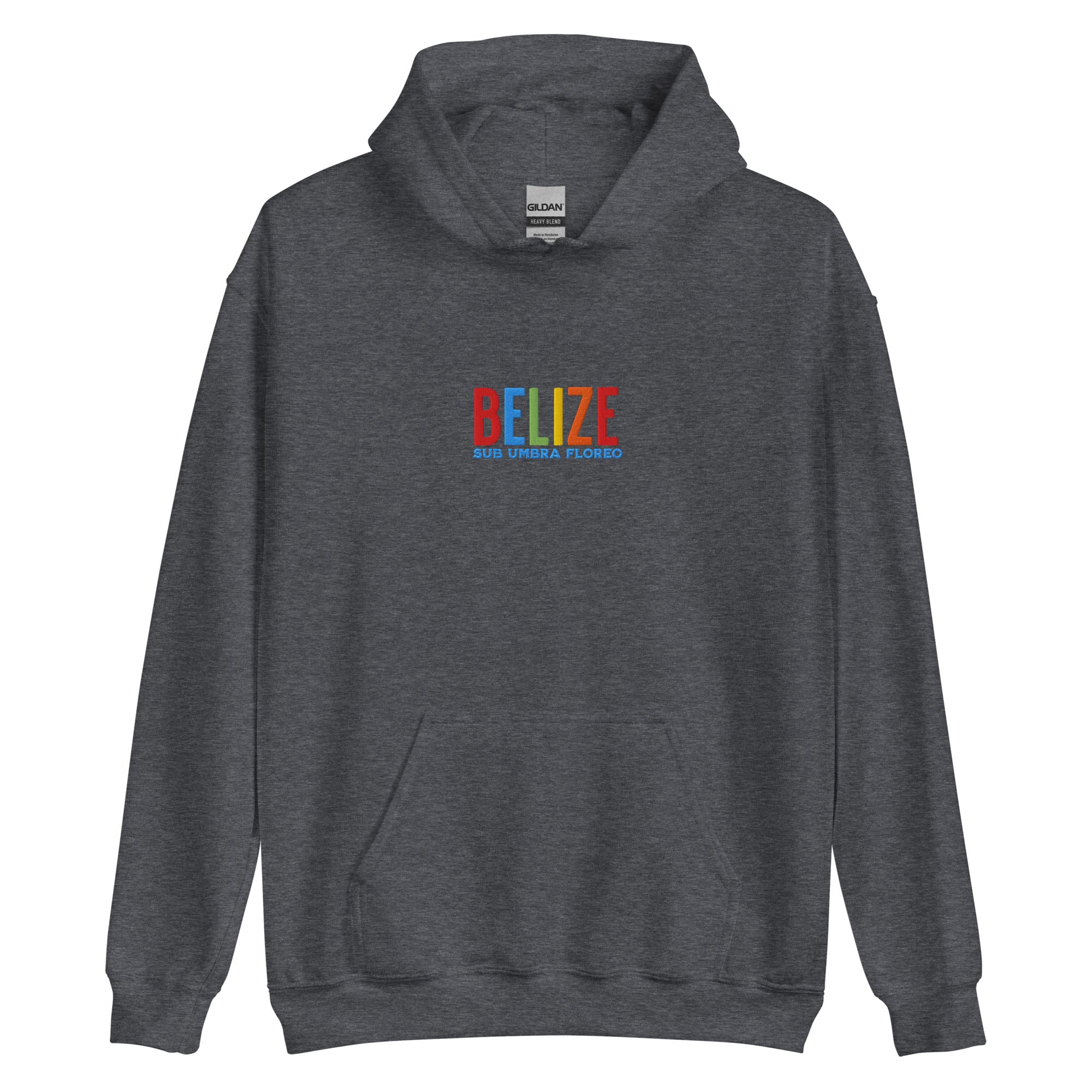 Hoodie bordado con la frase “Sub Umbra Floreo”, inspiración cultural de Belize.