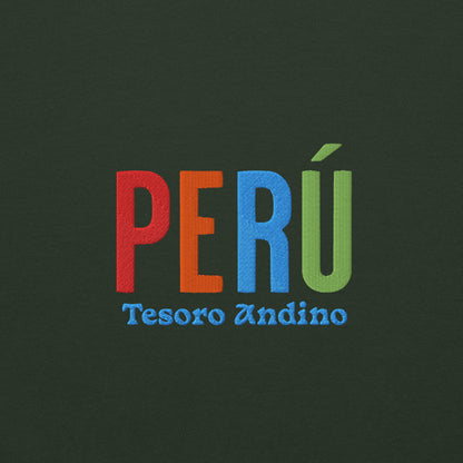 Bordado con la frase “Tesoro Andino”, inspiración cultural de Perú.