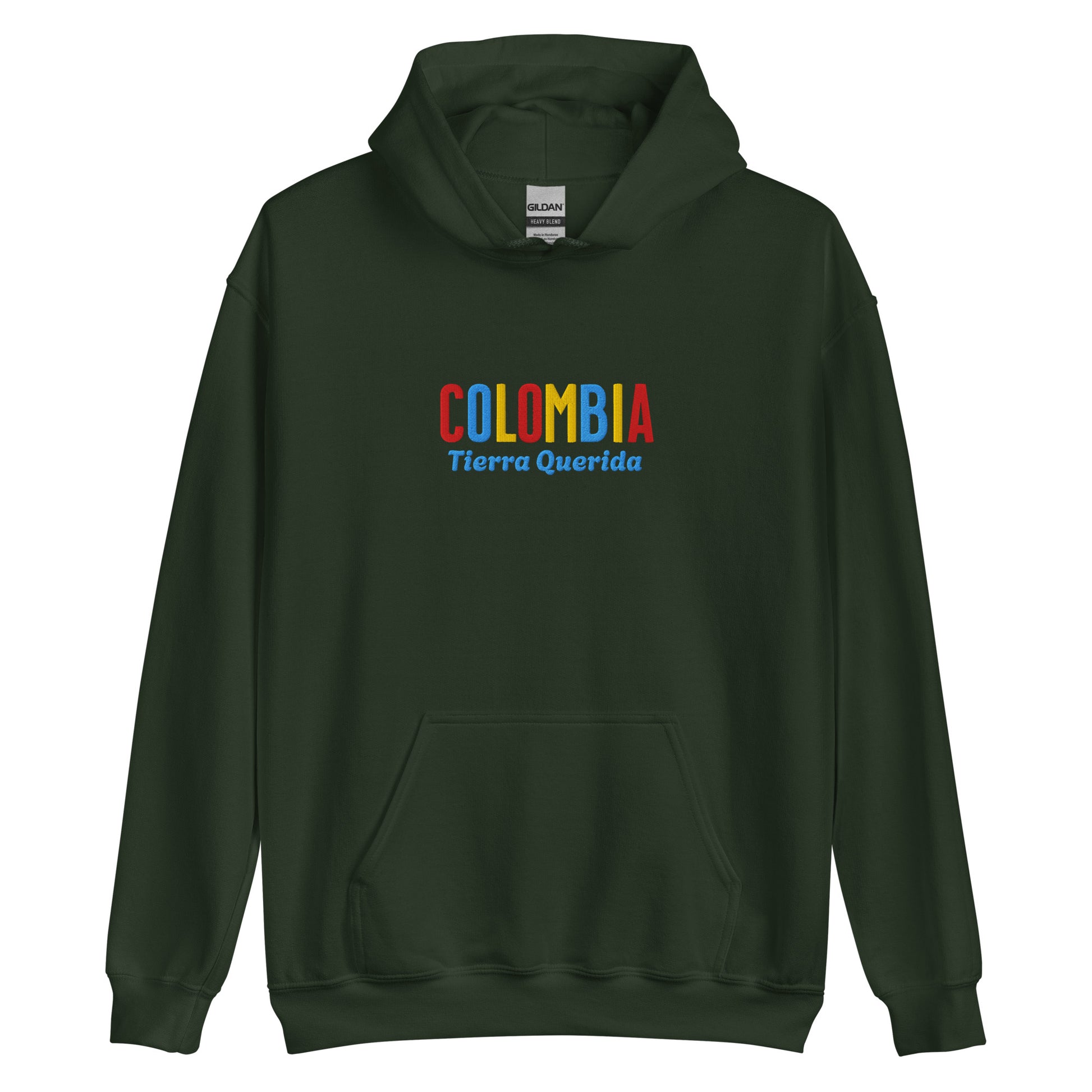 Hoodie bordado con la frase “Tierra Querida”, inspiración cultural de Colombia.