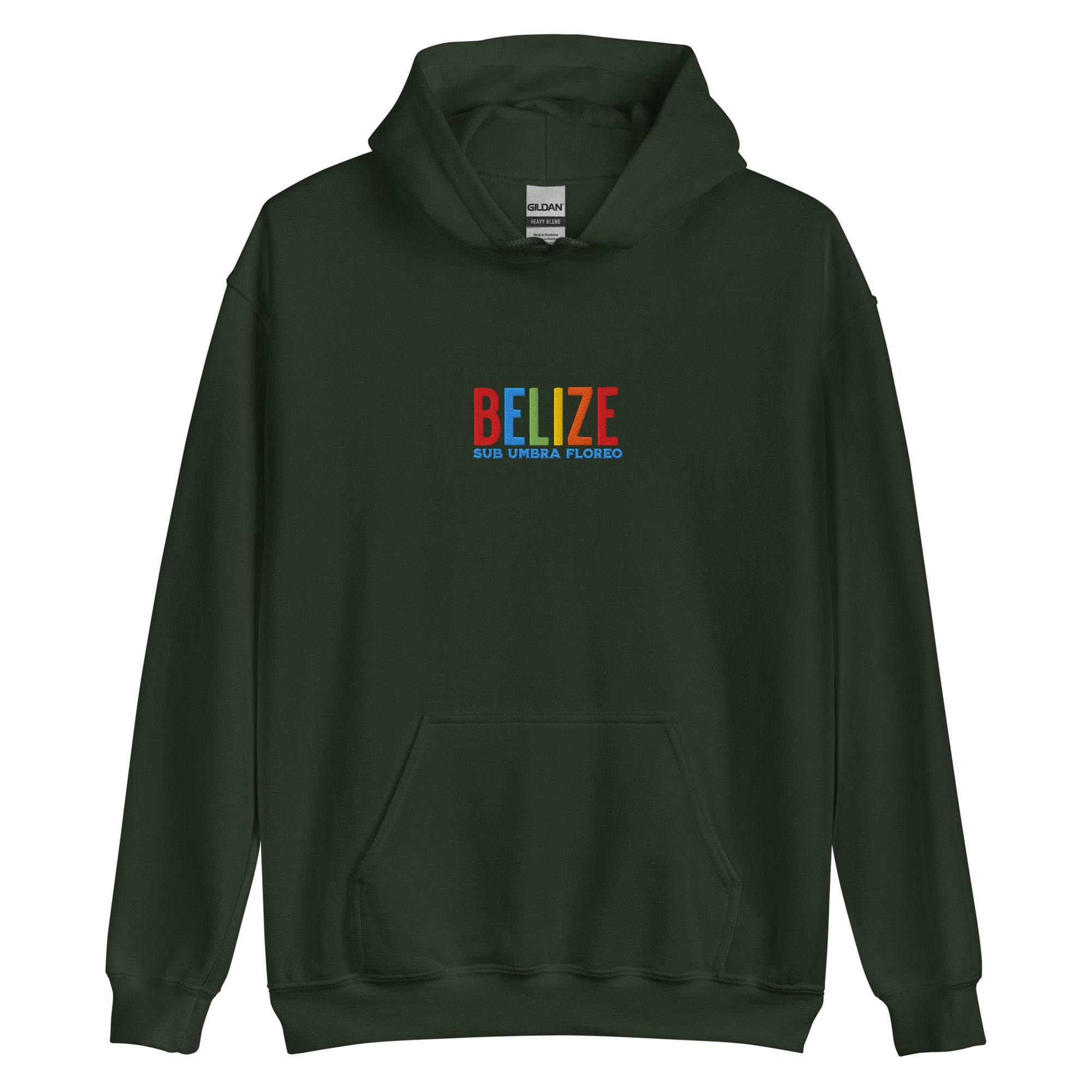 Hoodie bordado con la frase “Sub Umbra Floreo”, inspiración cultural de Belize.