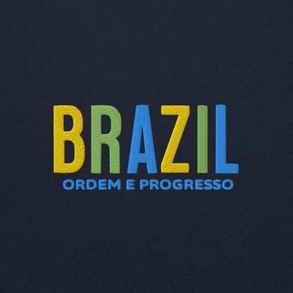 Bordado con la frase “Ordem e Progresso”, inspiración cultural de Brazil.