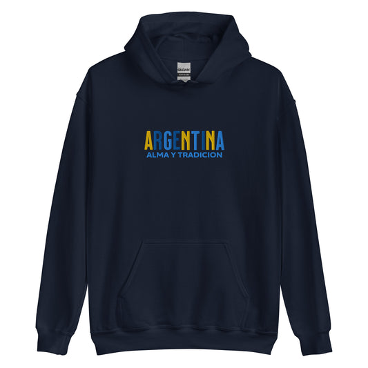 Hoodie bordado con la frase “Alma y Tradición”, inspiración cultural de Argentina.