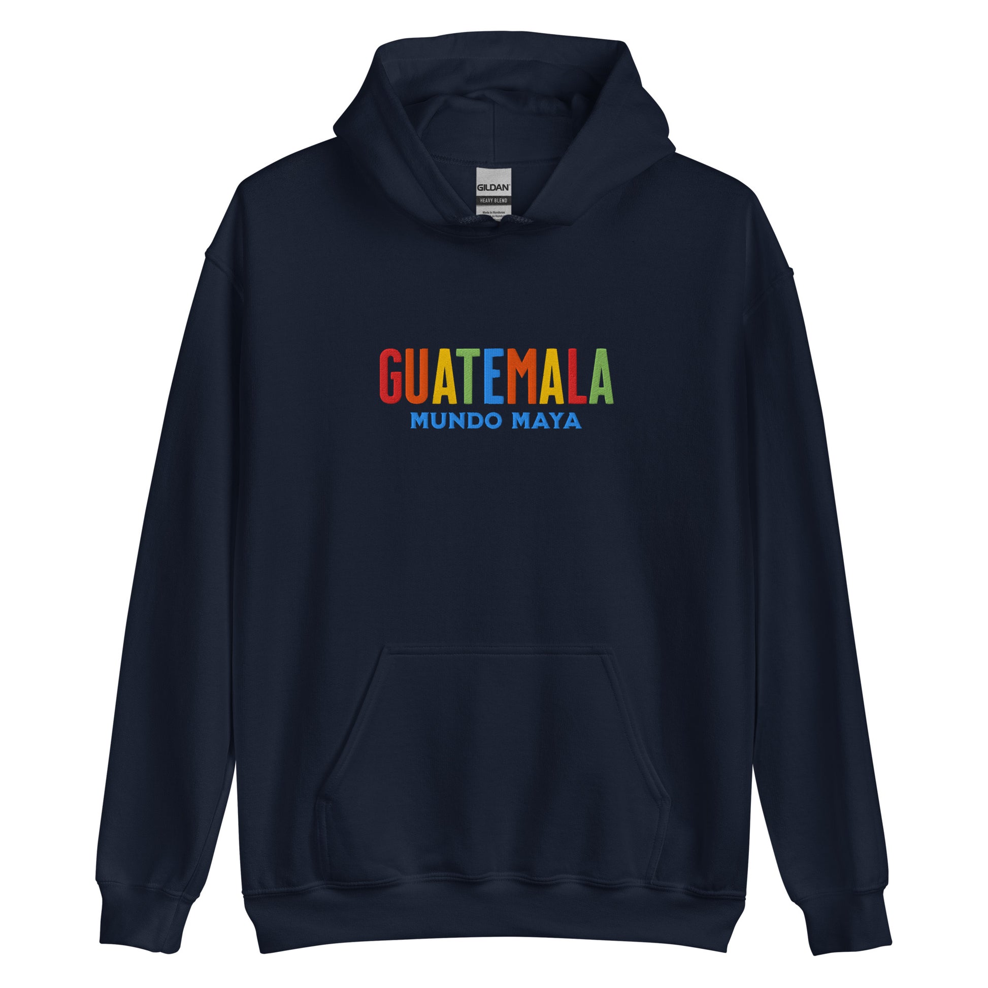 Hoodie bordado con la frase “Mundo Maya”, inspiración cultural de Guatemala.