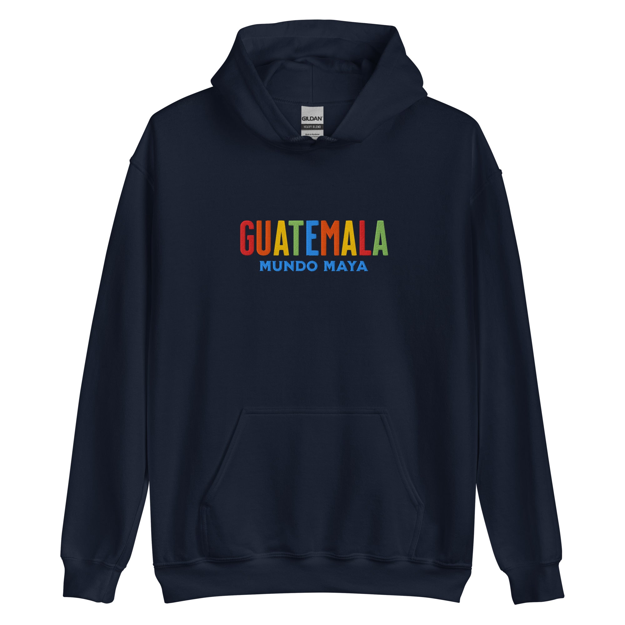 Hoodie bordado con la frase “Mundo Maya”, inspiración cultural de Guatemala.