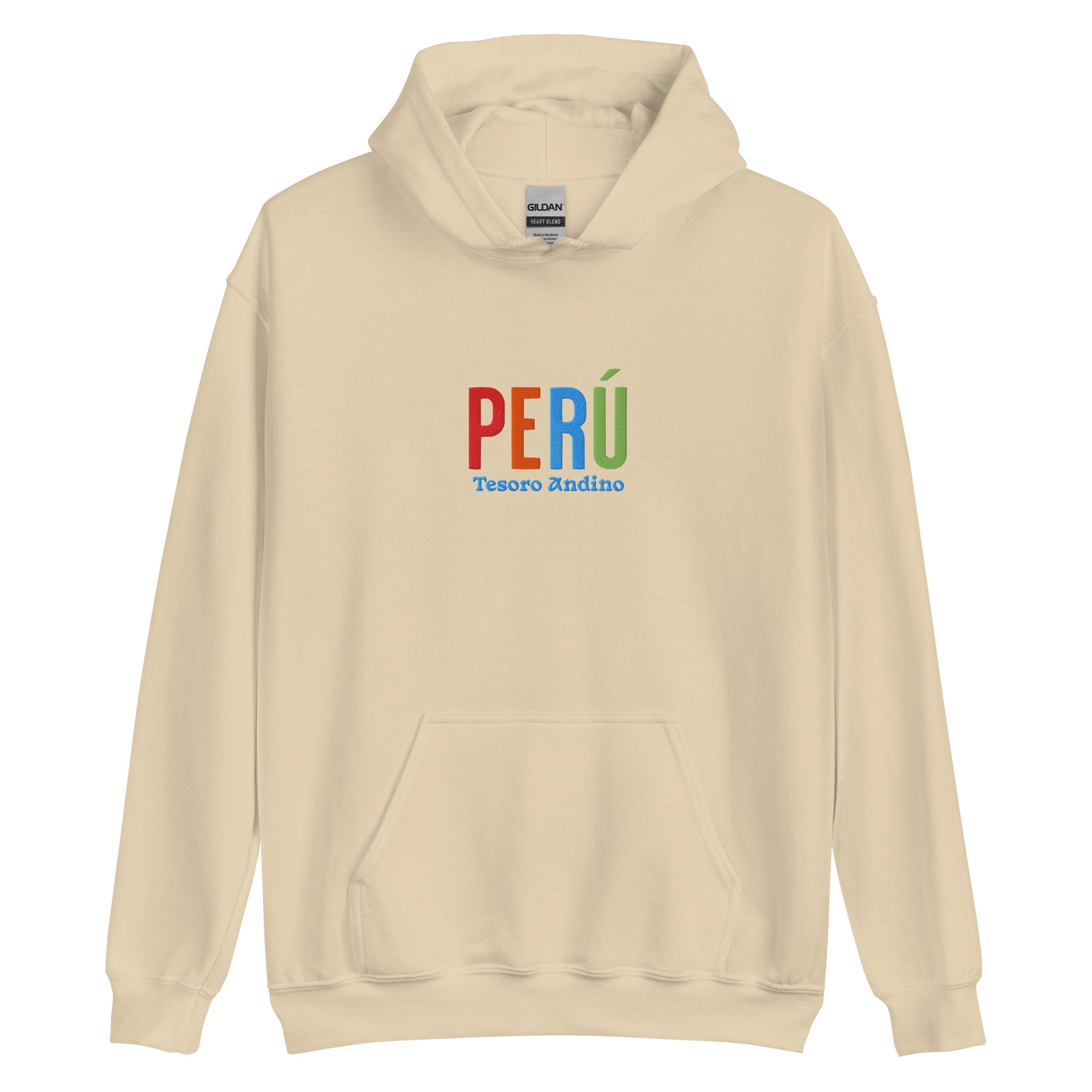 Hoodie bordado con la frase “Tesoro Andino”, inspiración cultural de Perú.