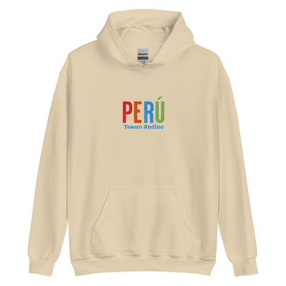Hoodie bordado con la frase “Tesoro Andino”, inspiración cultural de Perú.
