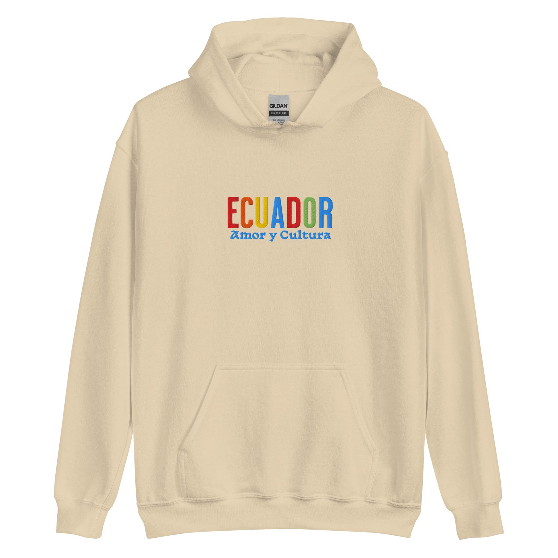 Hoodie bordado con la frase “Amor y Cultura”, inspiración cultural de Ecuador.