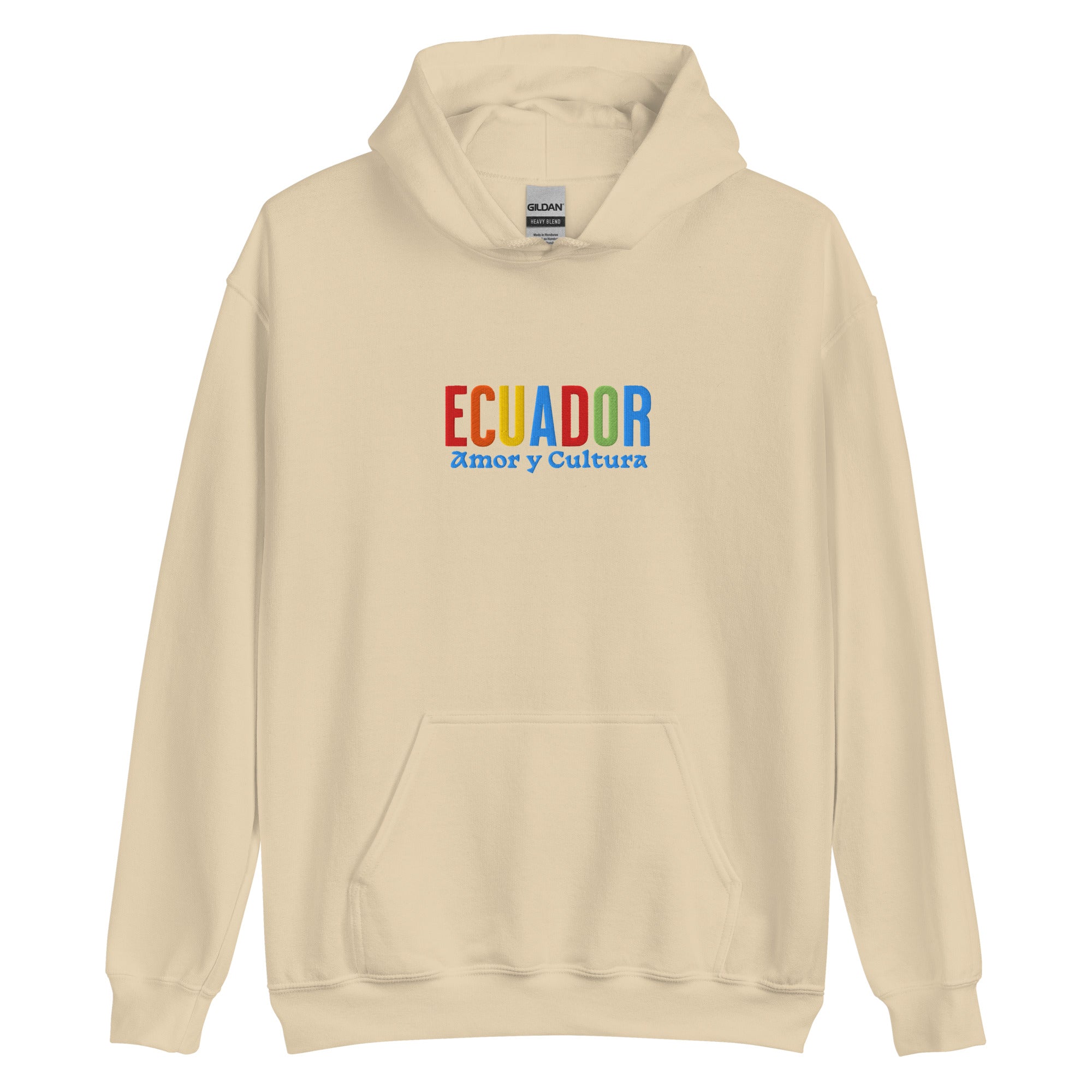 Hoodie bordado con la frase “Amor y Cultura”, inspiración cultural de Ecuador.