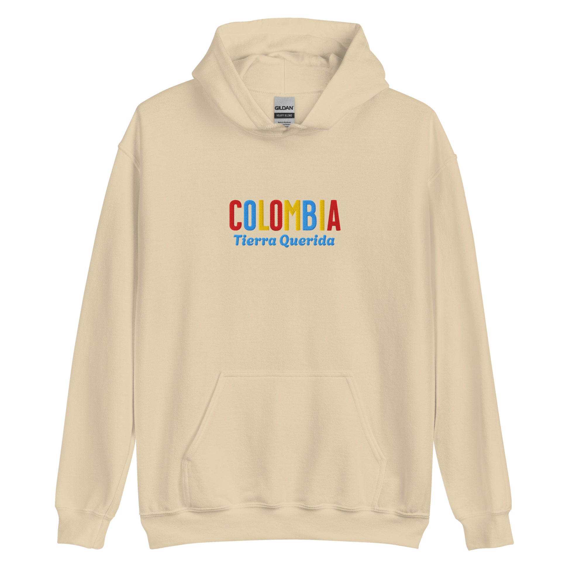 Hoodie bordado con la frase “Tierra Querida”, inspiración cultural de Colombia.