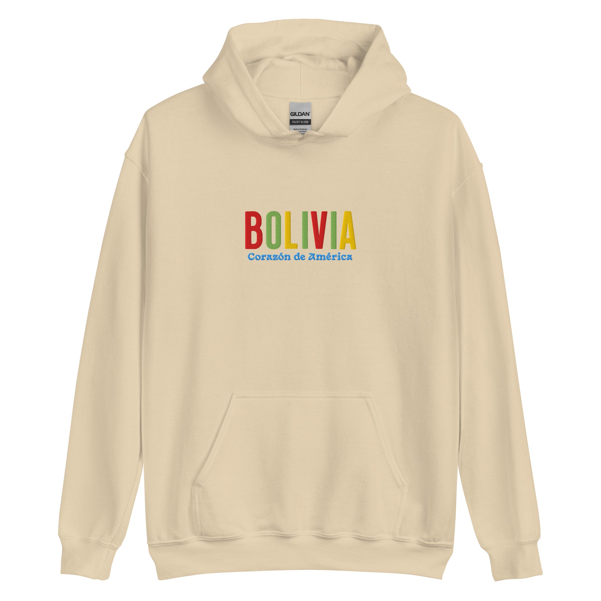 Hoodie bordado con la frase “Corazón de América”, inspiración cultural de Bolivia.