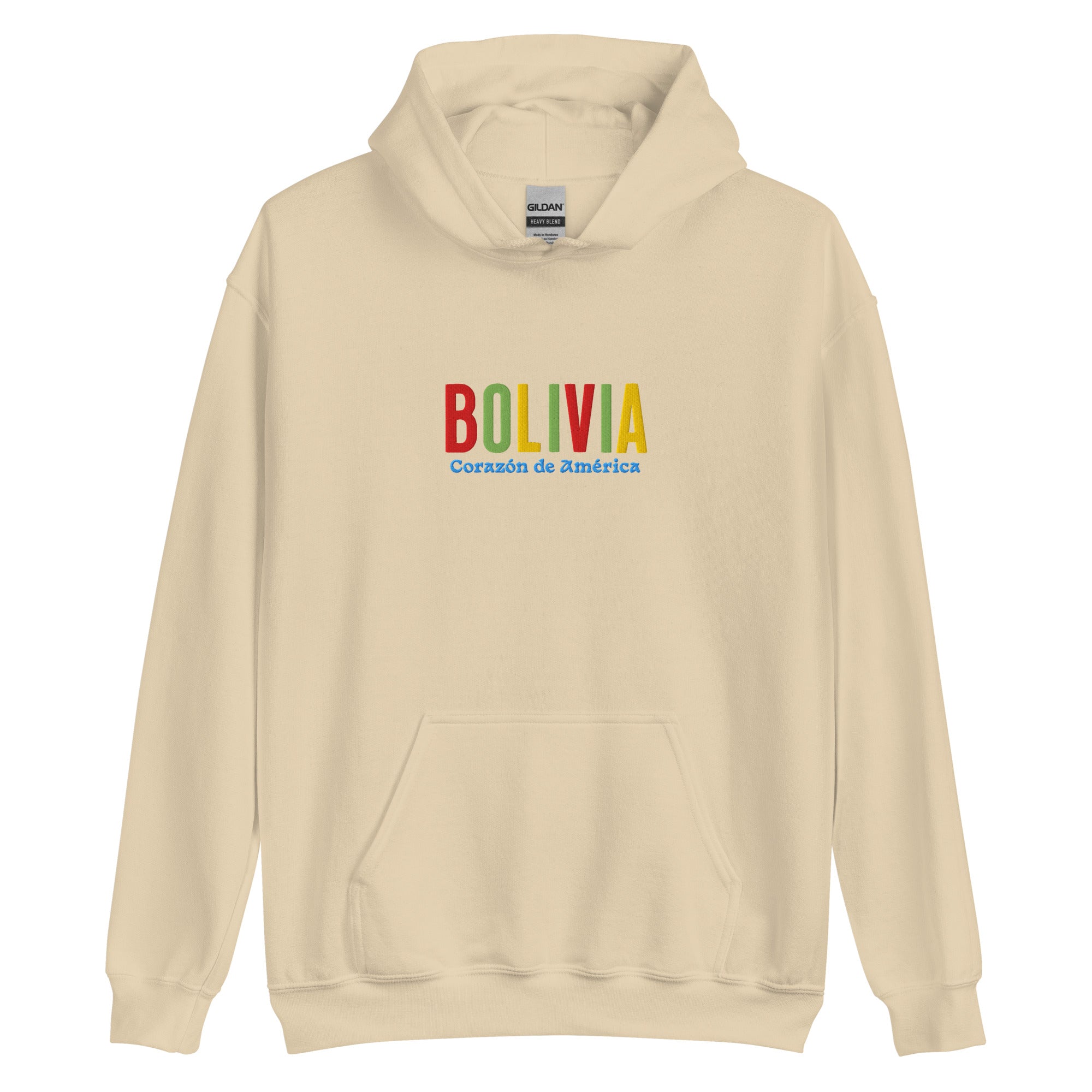Hoodie bordado con la frase “Corazón de América”, inspiración cultural de Bolivia.