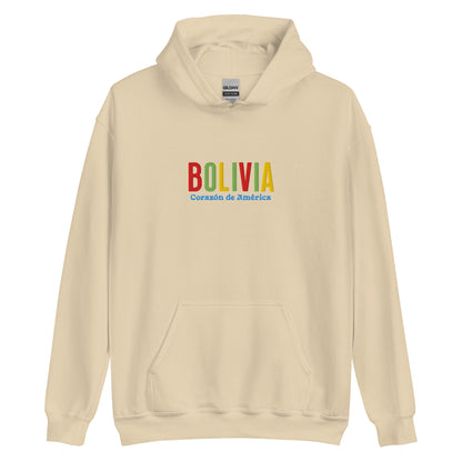 Hoodie bordado con la frase “Corazón de América”, inspiración cultural de Bolivia.