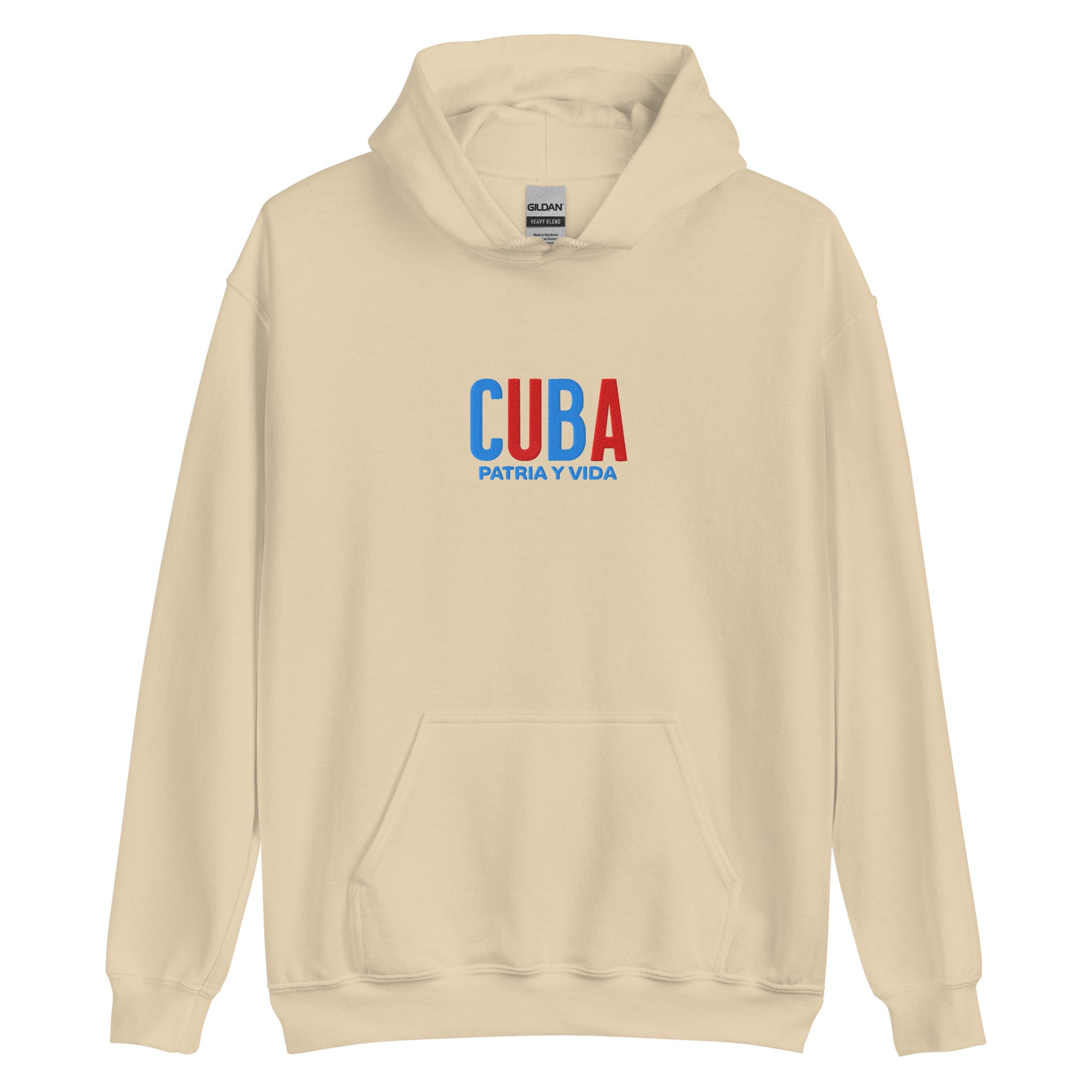 Hoodie bordado con la frase “Patria y Vida”, inspiración cultural de Cuba.