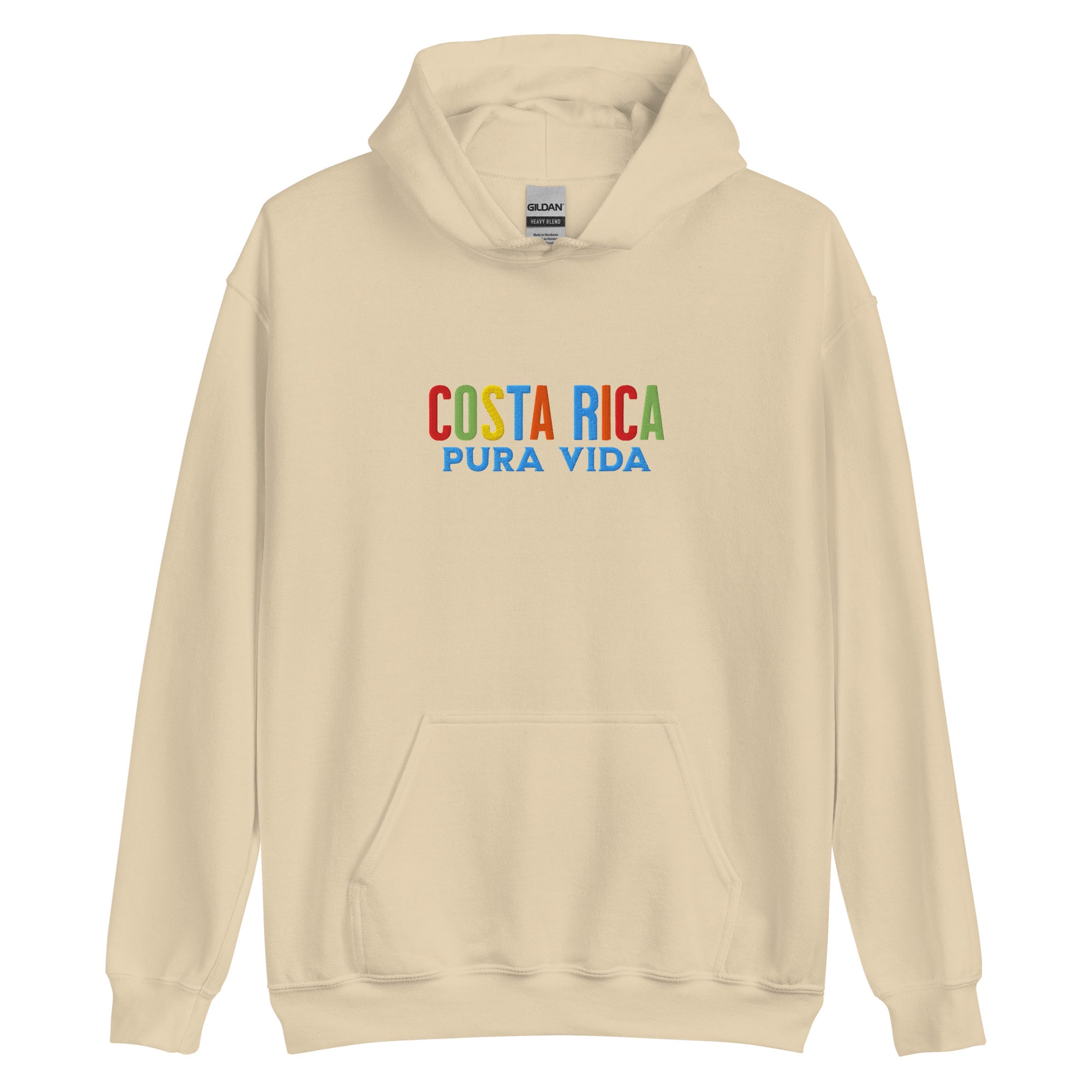 Hoodie bordado con la frase “Pura Vida”, inspiración cultural de Costa Rica.