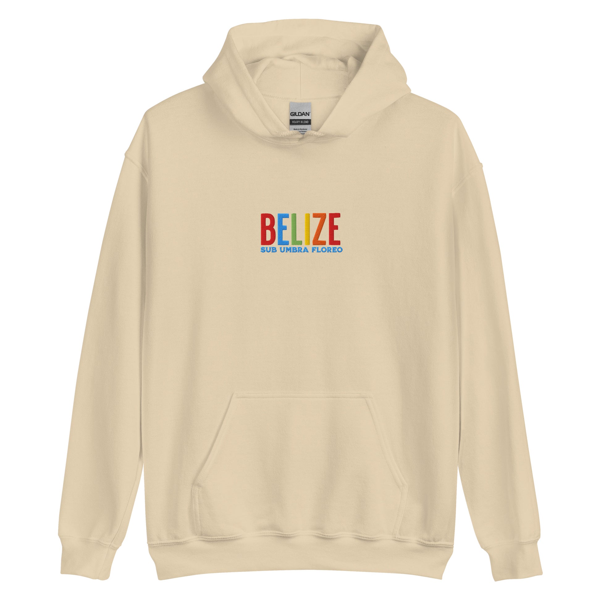 Hoodie bordado con la frase “Sub Umbra Floreo”, inspiración cultural de Belize.
