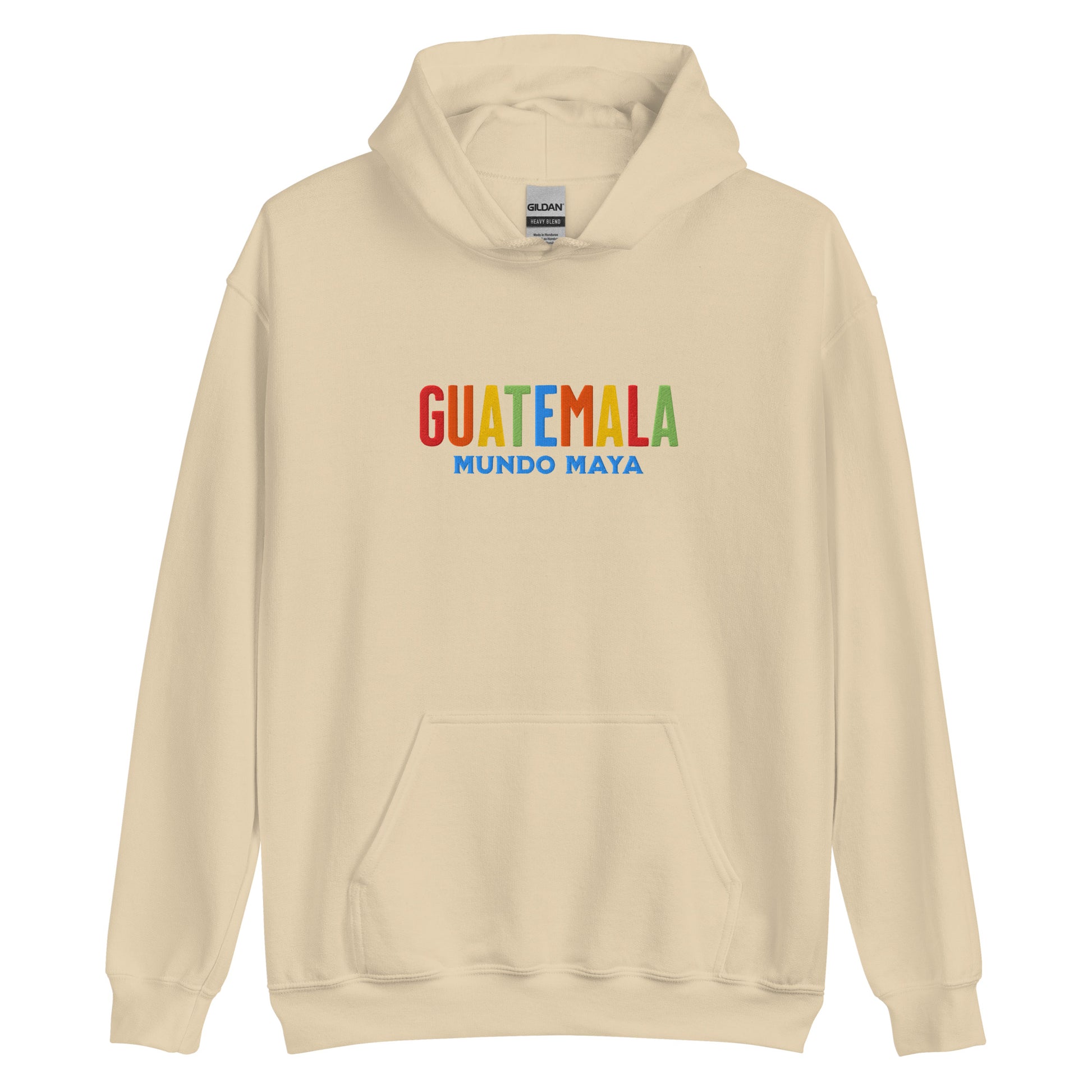 Hoodie bordado con la frase “Mundo Maya”, inspiración cultural de Guatemala.