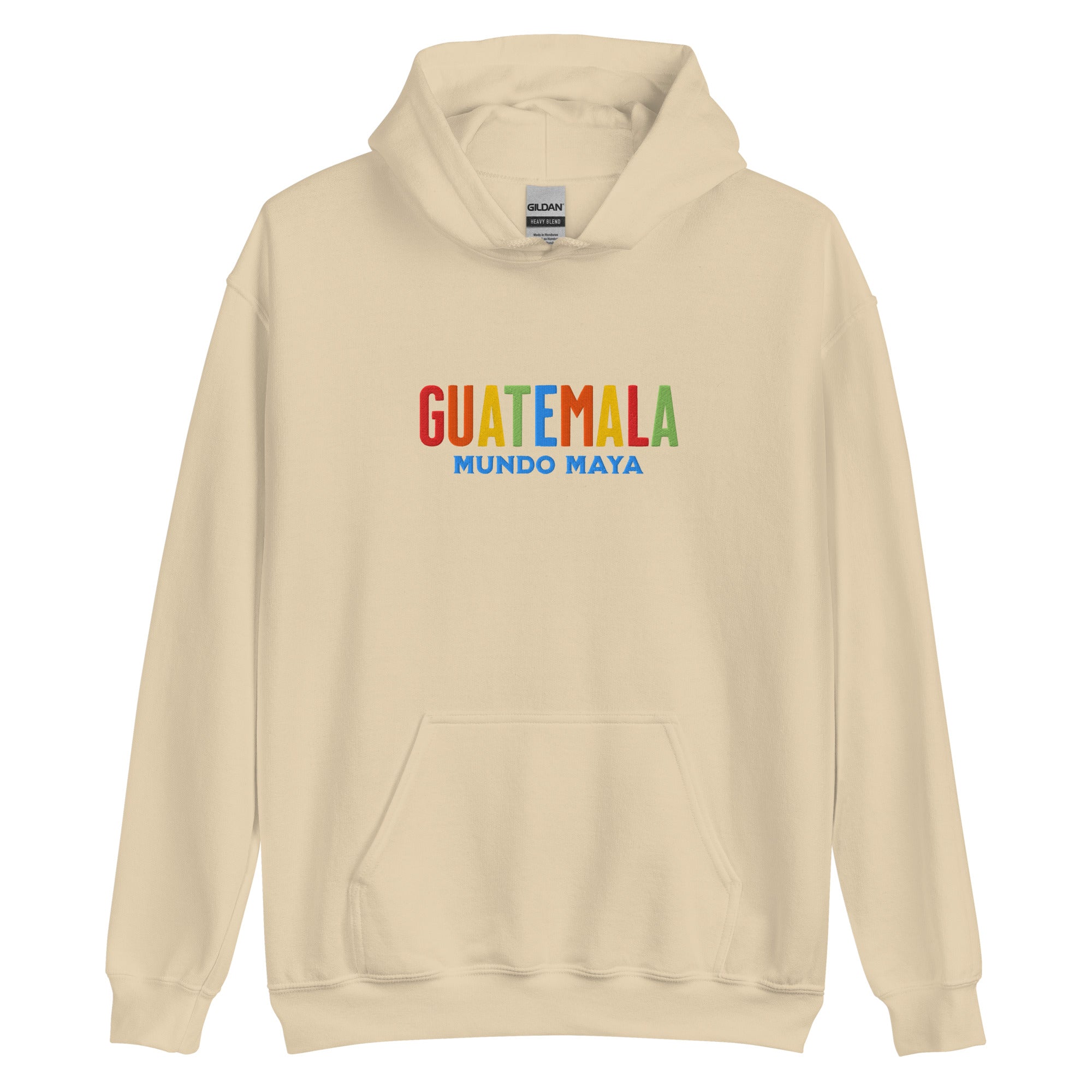 Hoodie bordado con la frase “Mundo Maya”, inspiración cultural de Guatemala.