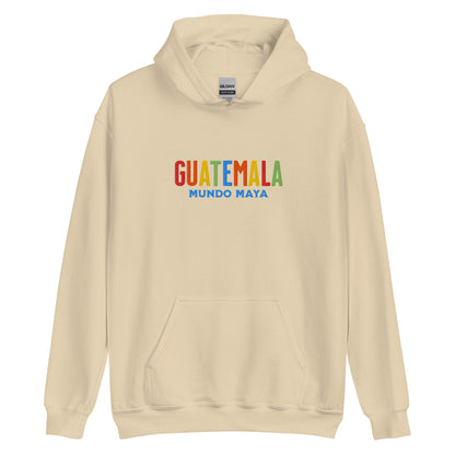 Hoodie bordado con la frase “Mundo Maya”, inspiración cultural de Guatemala.