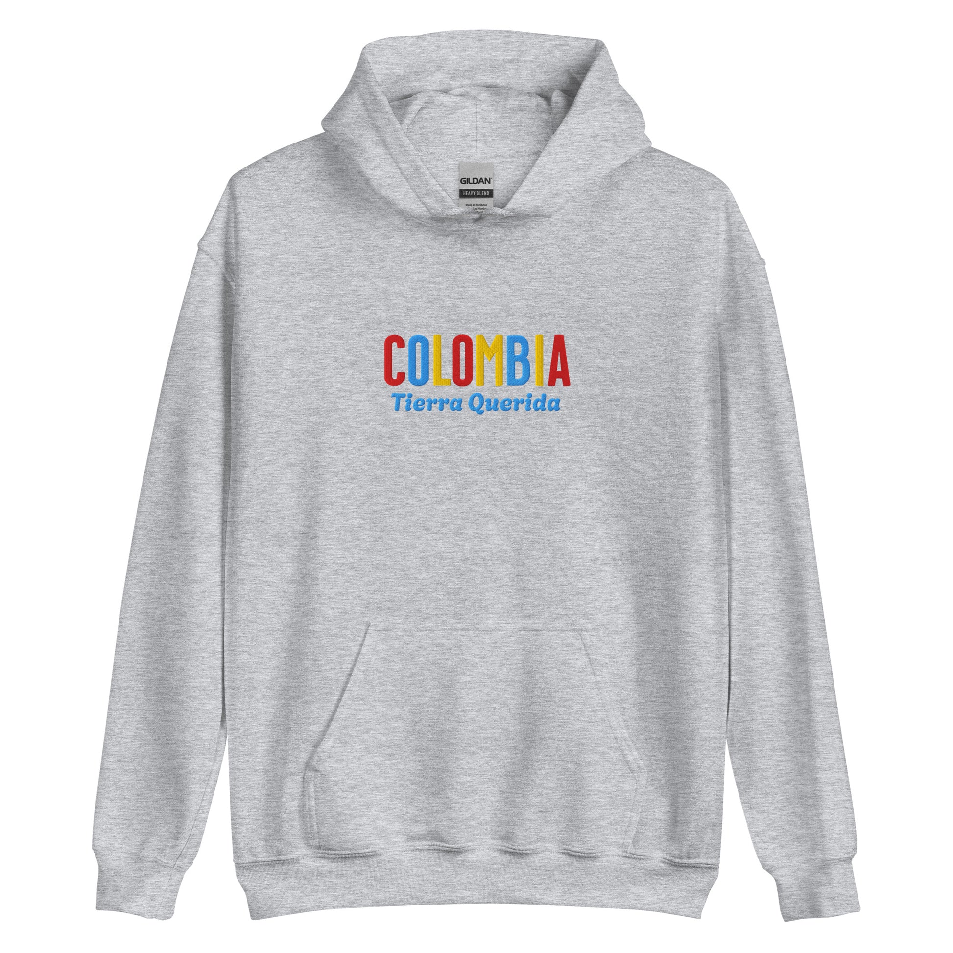 Hoodie bordado con la frase “Tierra Querida”, inspiración cultural de Colombia.
