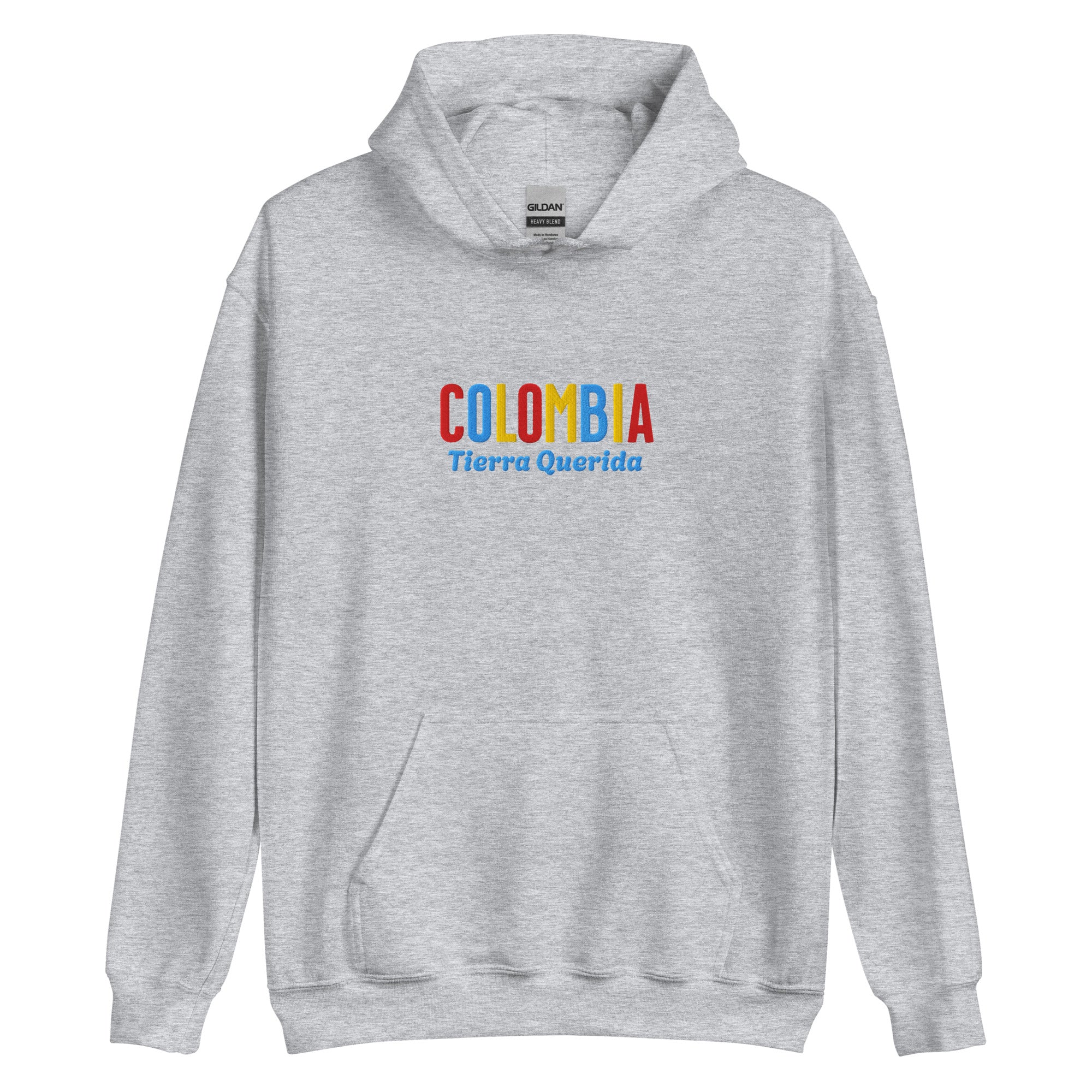 Hoodie bordado con la frase “Tierra Querida”, inspiración cultural de Colombia.