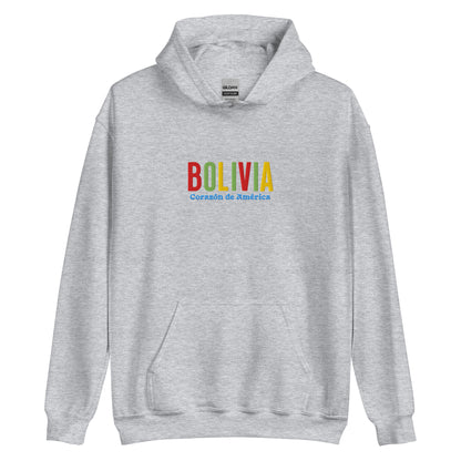 Hoodie bordado con la frase “Corazón de América”, inspiración cultural de Bolivia.