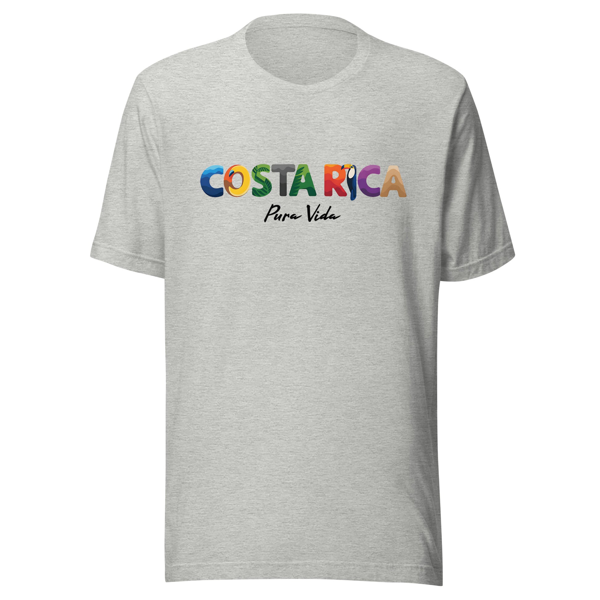 T-shirt con diseño colorido del país Costa Rica con texto “Costa Rica – Pura Vida”.