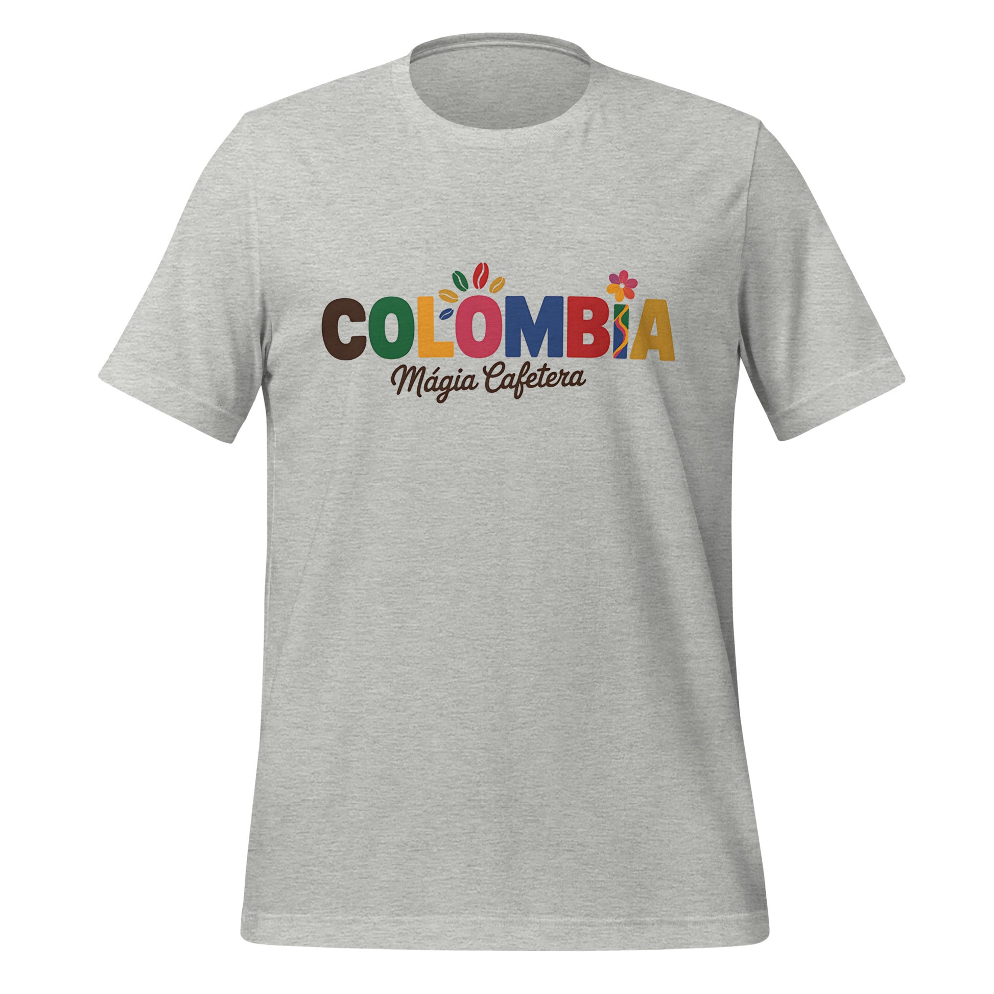 T-shirt con diseño colorido del país Colombia con texto “Colombia – Magia Cafetera”.
