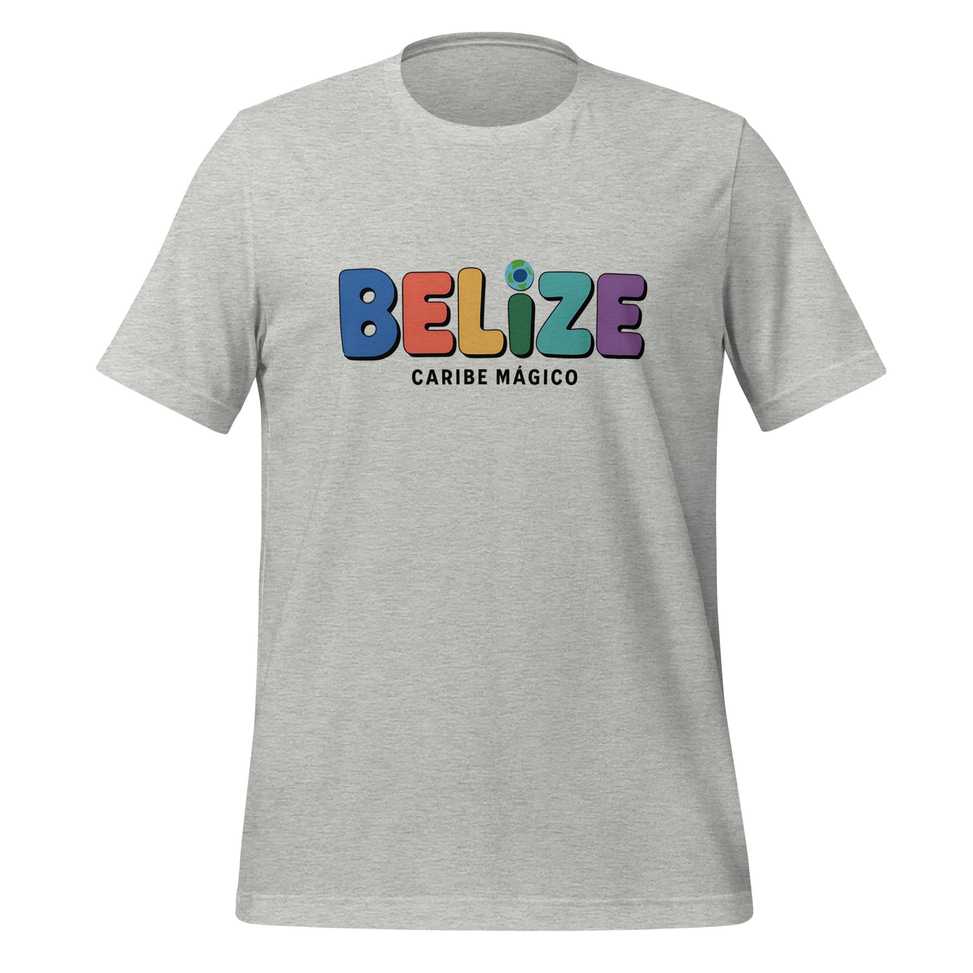 T-shirt con diseño colorido del país Belize con texto “Belize – Caribe Mágico”.