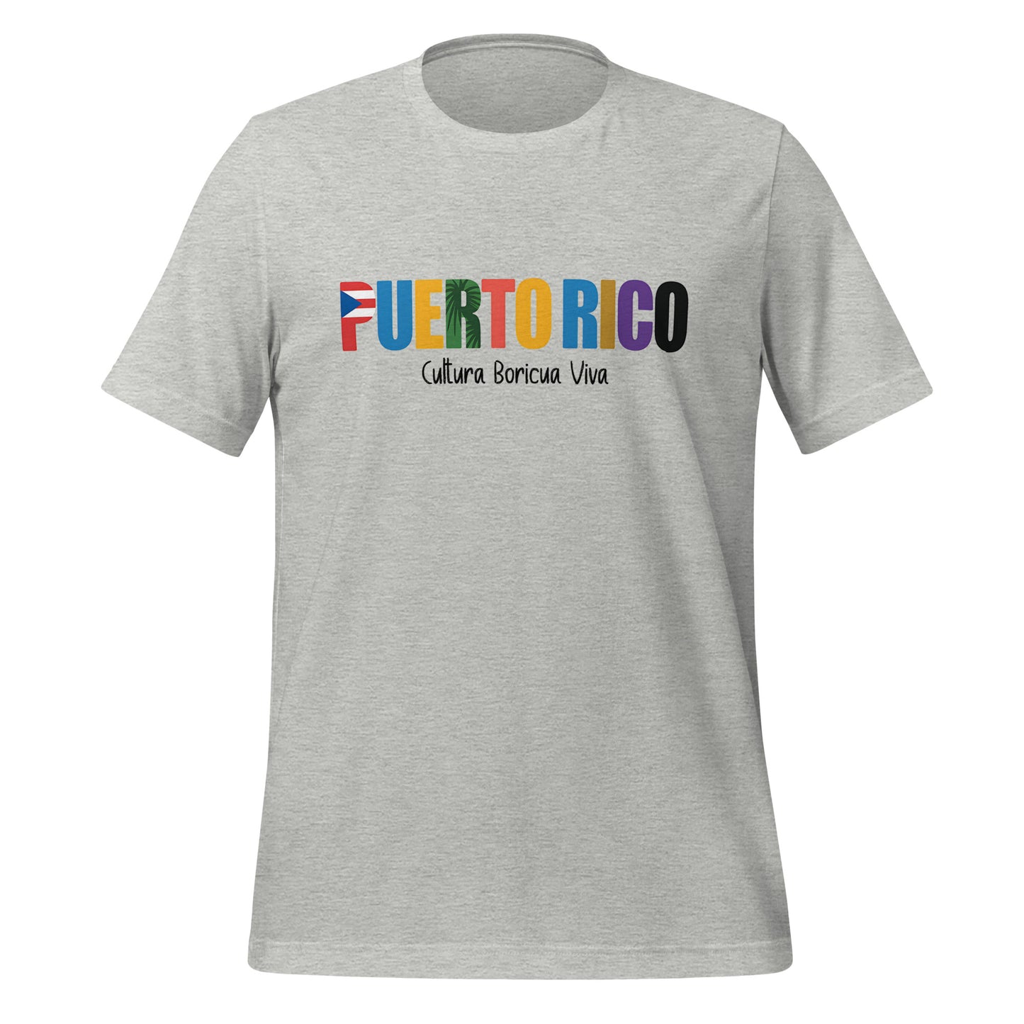 T-shirt con diseño colorido del país Puerto Rico con texto “Puerto Rico – Cultura Boricua Viva”.