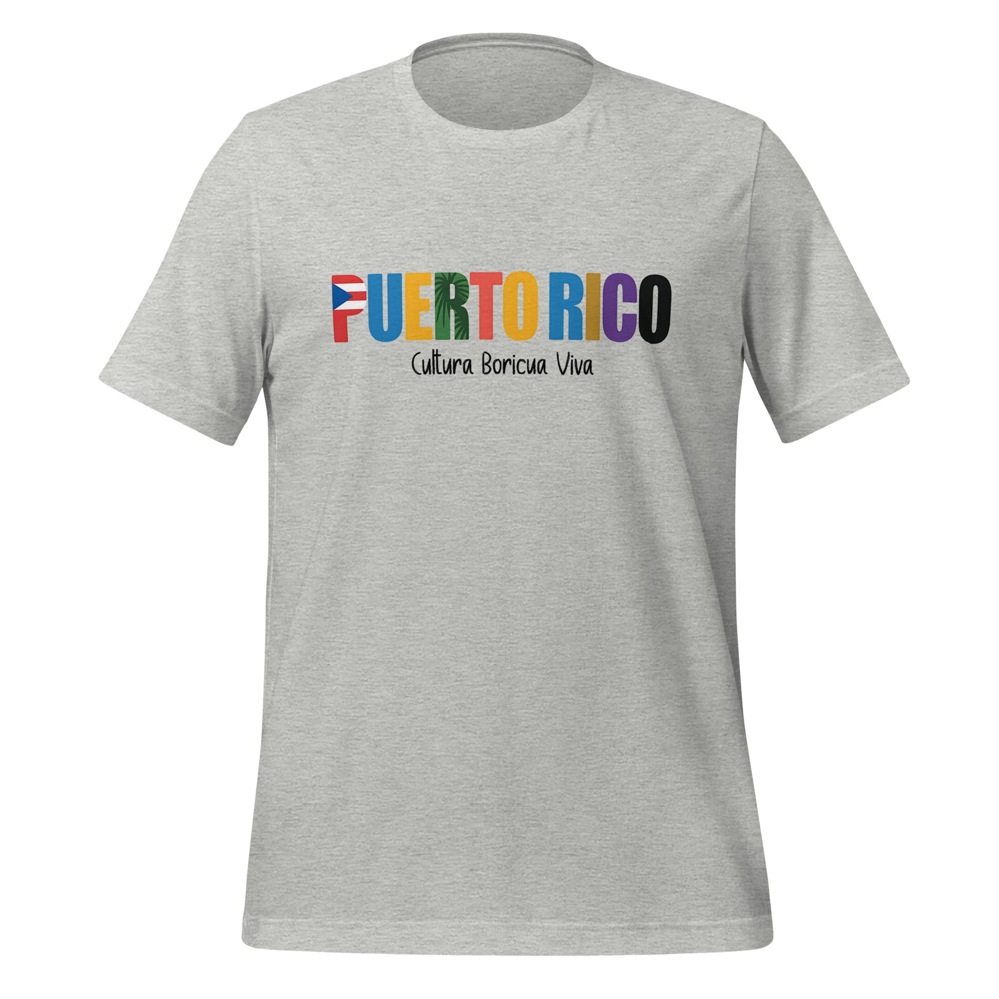 T-shirt con diseño colorido del país Puerto Rico con texto “Puerto Rico – Cultura Boricua Viva”.