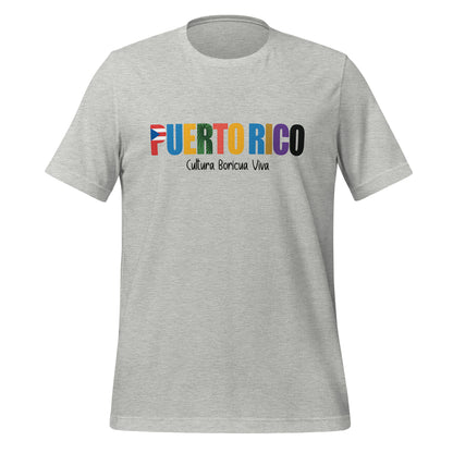 T-shirt con diseño colorido del país Puerto Rico con texto “Puerto Rico – Cultura Boricua Viva”.